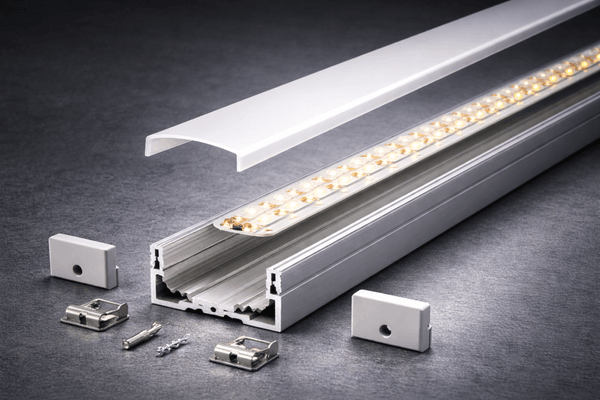 LED Lichtleiste mit Aluminiumprofil, Abdeckung und Zubehör im Detail